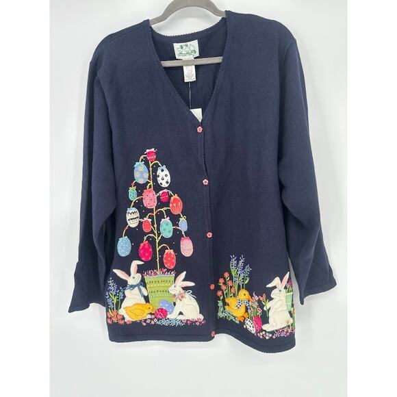 The Quacker Factory Cardigan 1X Blue Easter Novelty Rabbit Bunny Egg Sweater - Picture 1 of 11